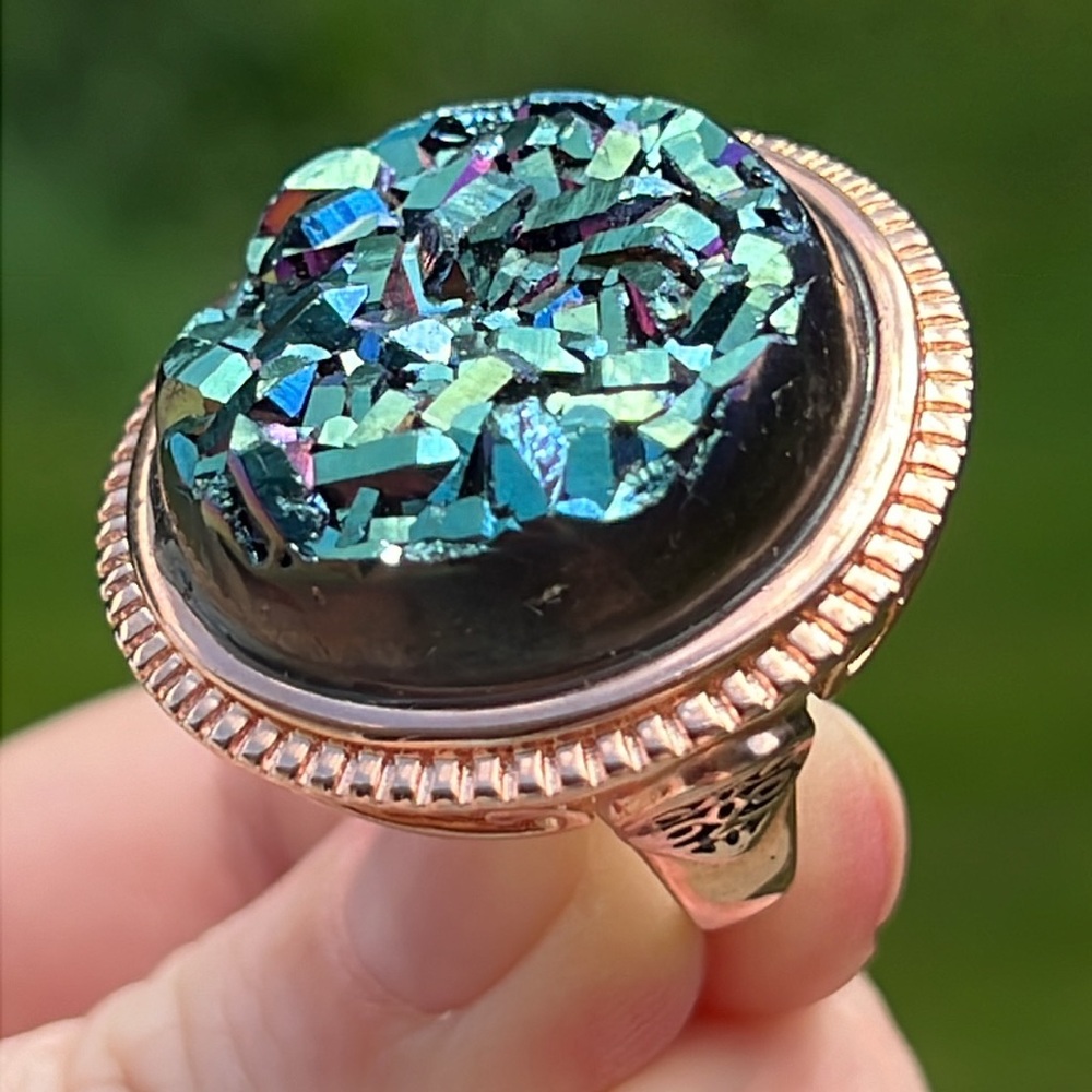 Barrera Bijoux BBJ Round Rainbow Titanium Aura Druzy Geode Copper Cocktail Ring
